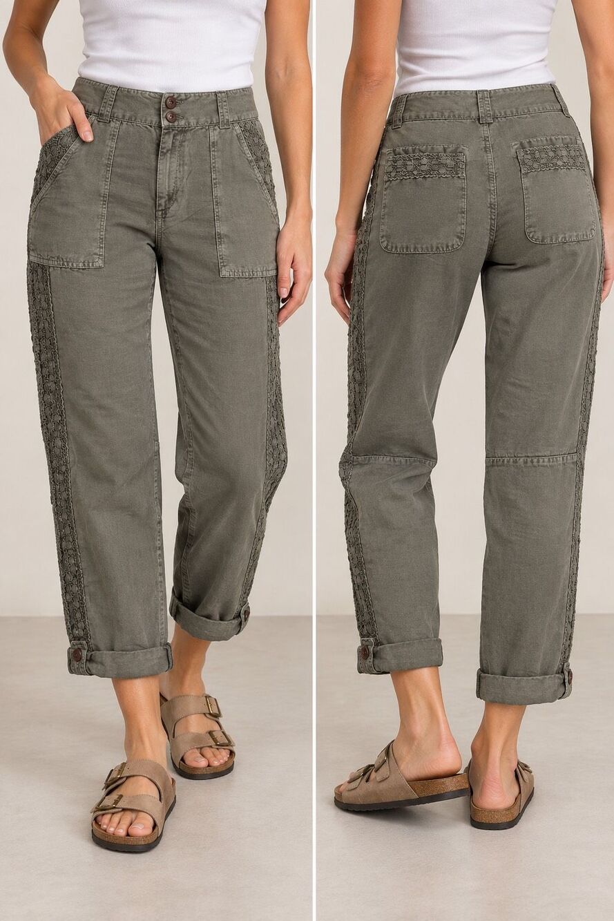 Sundance Size 14 Olive Green Linen Blend Lace Utility Cargo Pants Boho